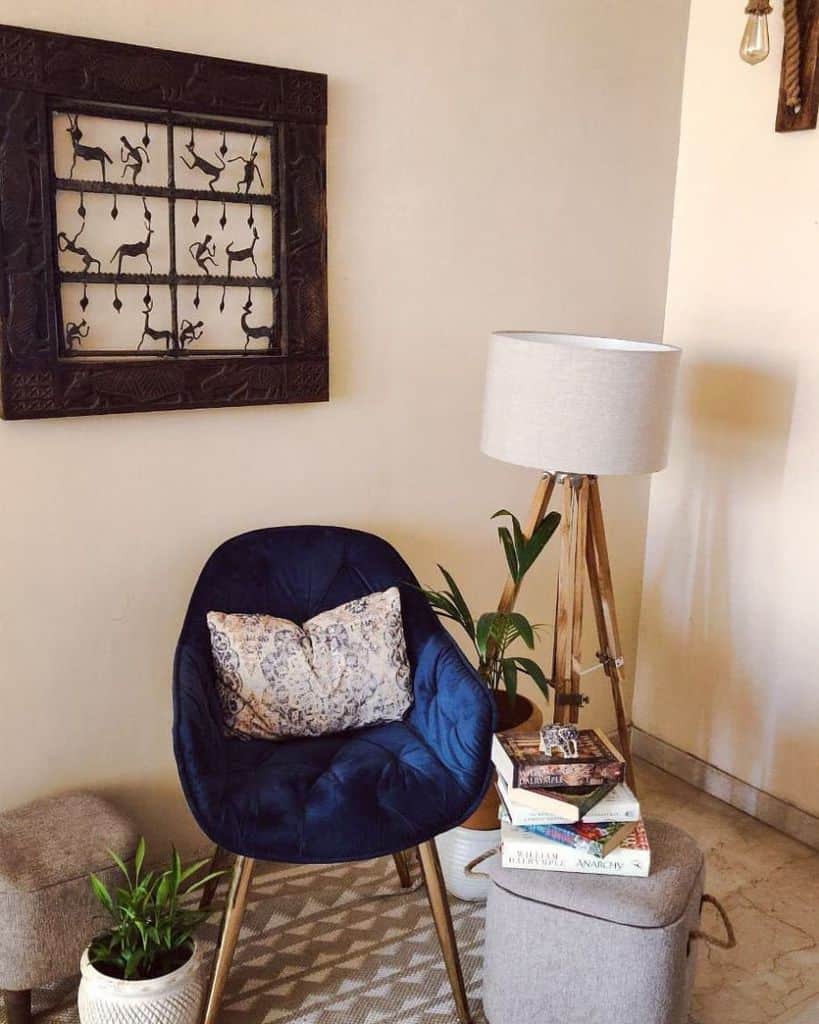 reading corner nook with blue accent chair 
