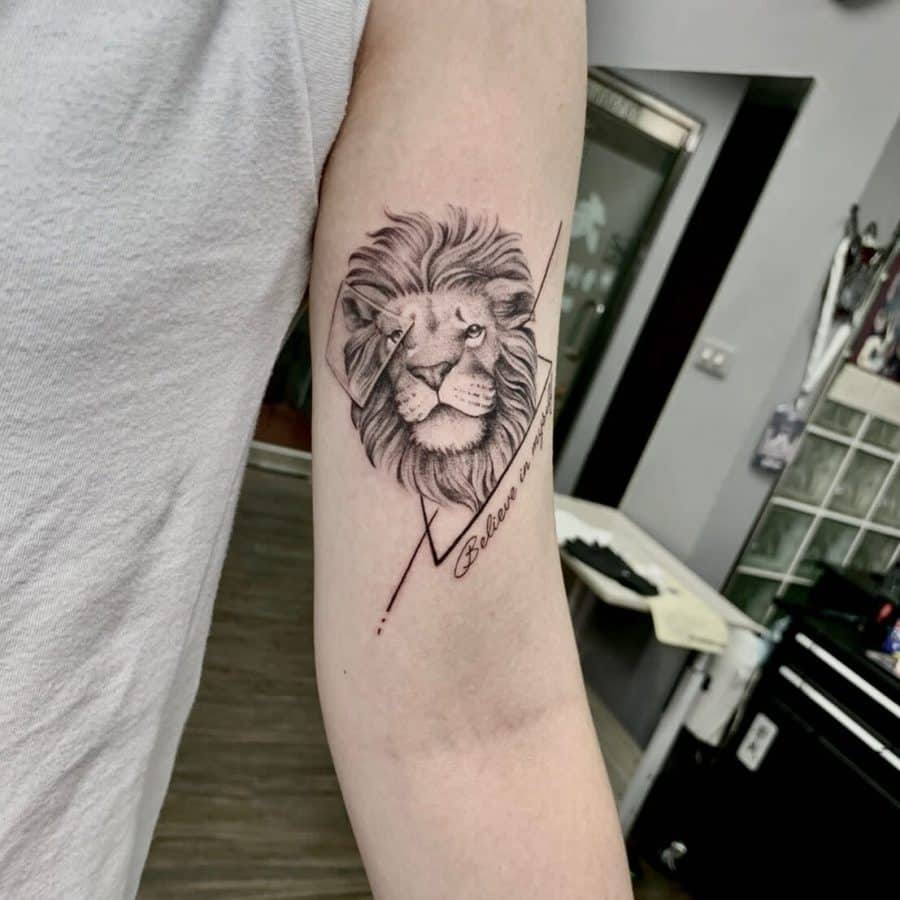 Realist Grayscale Lion Shapes Framed Geometric Tattoo