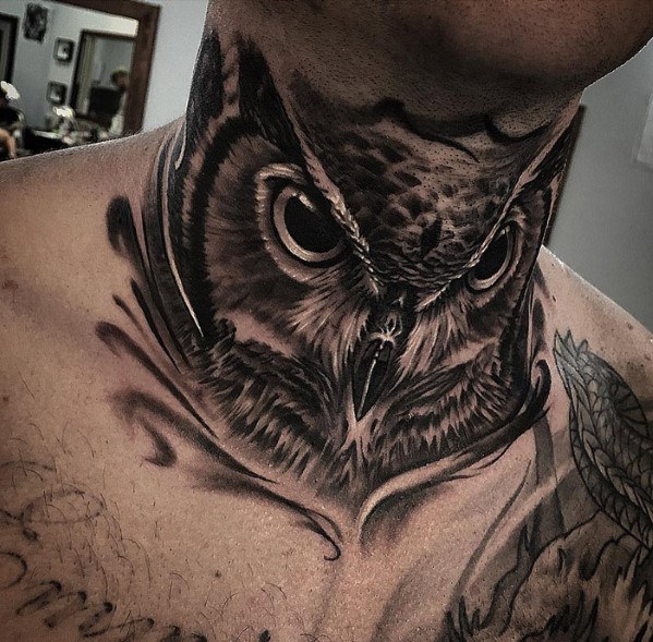 Realistic 3d Amazing Mens Owl Neck Tattoo Designs