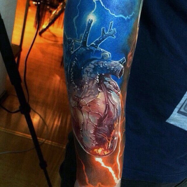 Realistic 3d Anatomical Heart Mens Colorful Sleeve Tattoos