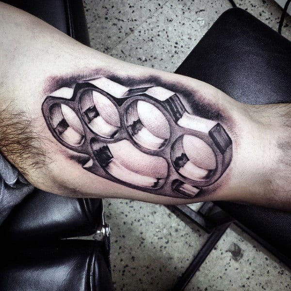 Realistic 3d Brass Knuckles Mens Inner Arm Bicep Tattoo With Metallic Design