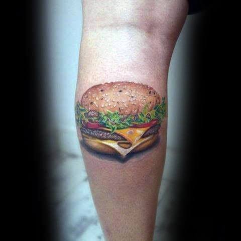 Realistic 3d Cheeseburger Mens Tattoo Ideas On Leg Calf