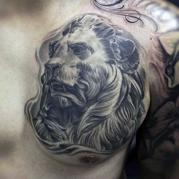 Realistic 3d Chest Lion Statue Tattoos For Gentlemen
