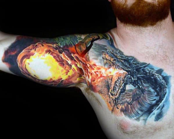 Realistic 3d Dragon Breathing Fire Guys Arm And Chest Tattoos