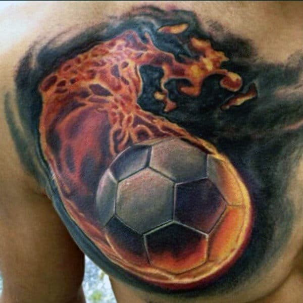 Realistic 3d Flaming Soccerball Mens Watercolor Chest Tattoos