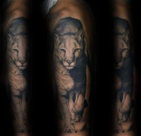Realistic 3d Full Arm Mountain Lion Mens Tattoo Designs
