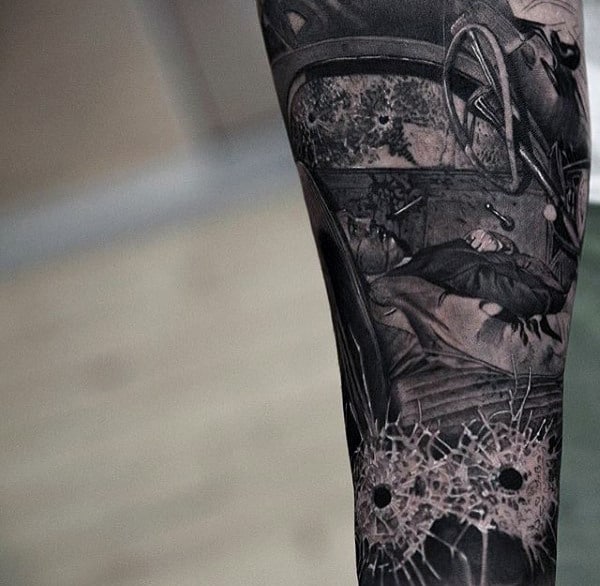 Realistic 3d Gangster Shattered Glass Mens Forearm Sleeve Tattoos