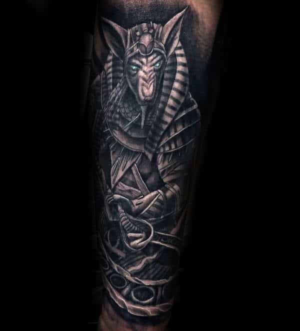 Realistic 3d Guys Anubis Black And Grey Forearm Tattoos