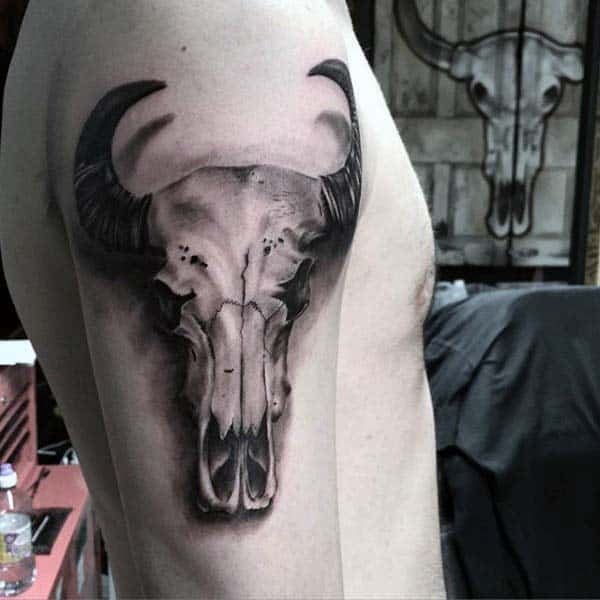 Realistic 3d Guys Upper Arm Shaded Bull Skull Tattoos