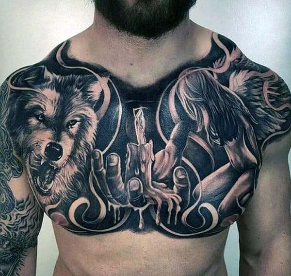 Realistic 3d Hand Holding Candle With Wolf And Angel Mens Chest Tattoo