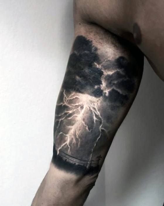Realistic 3d Inner Arm Quarter Sleeve Mens Tattoo Thunderstorm Design