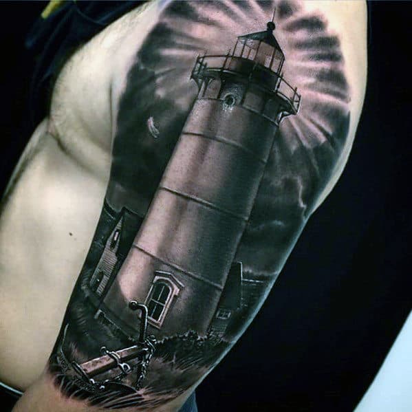 Realistic 3d Lighthouse Awesome Mens Half Sleeve Tattoo Ideas