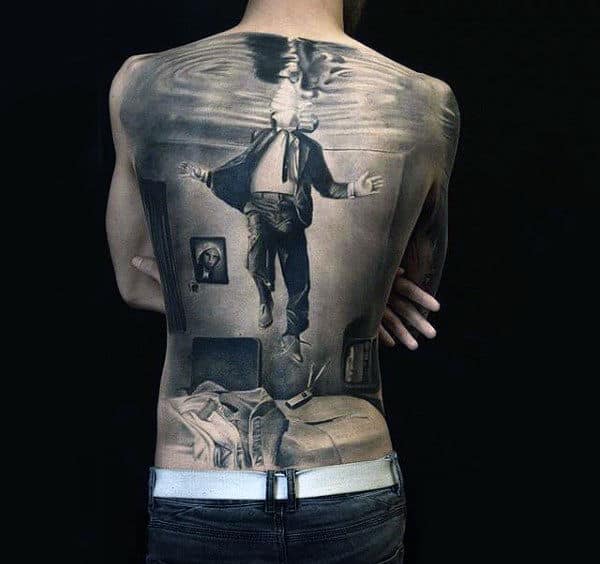 Realistic 3d Man In Suit Floating In Water Mens Back Tattoo Design