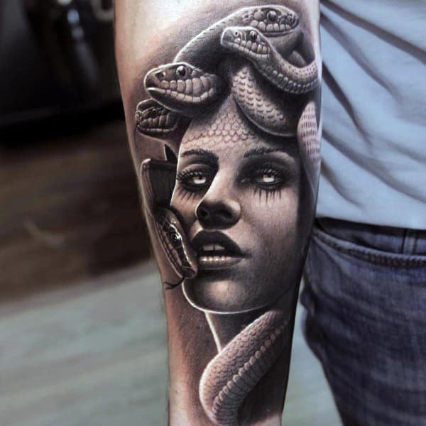 Realistic 3d Medusa Snake Outer Forearm Male Tattoo Ideas