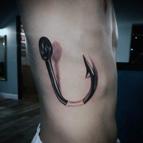 Realistic 3d Mens Barb Fish Hook Tattoo On Rib Cage Side Of Body