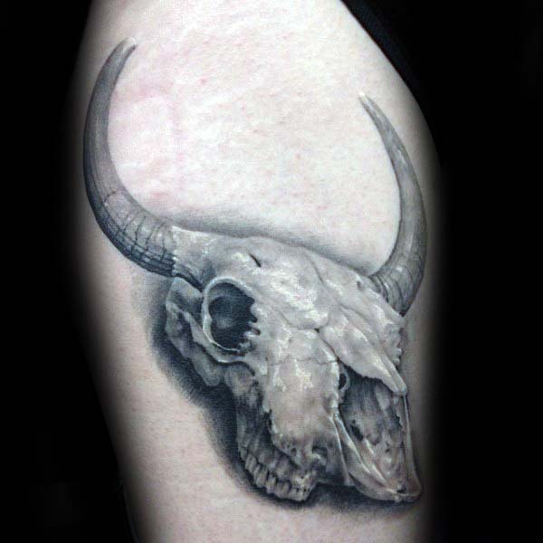 Realistic 3d Mens Bull Skull Thigh Tattoo Design Inspiration