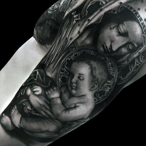 Realistic 3d Mother Mary Holding Baby Jesus Mens Half Sleeve Tattoos
