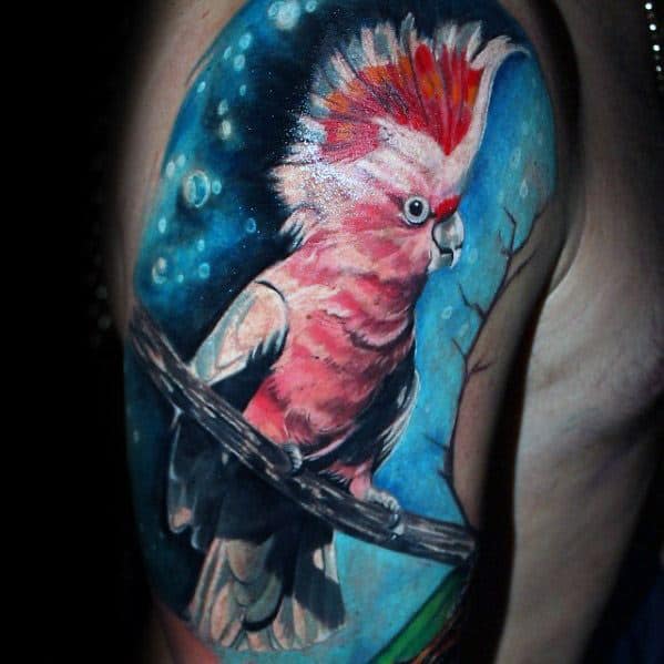 Realistic 3d Parrot On Tre Branch Quarter Sleeve Tattoo Ideas For Gentlemen