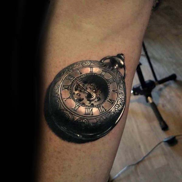 Realistic 3d Pocket Watch Badass Inner Forearm Tattoos For Guys