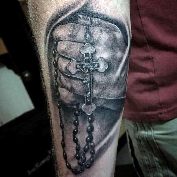 Realistic 3d Praying Hands Rosary Beads Tattoo For Men