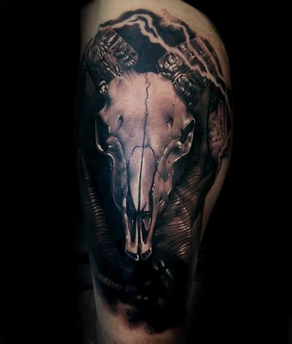 Realistic 3d Ram Shaded Thigh Tattoos For Men