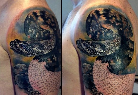 Realistic 3d Rattlesnake Watercolor Background Guys Half Sleeve Tattoos.