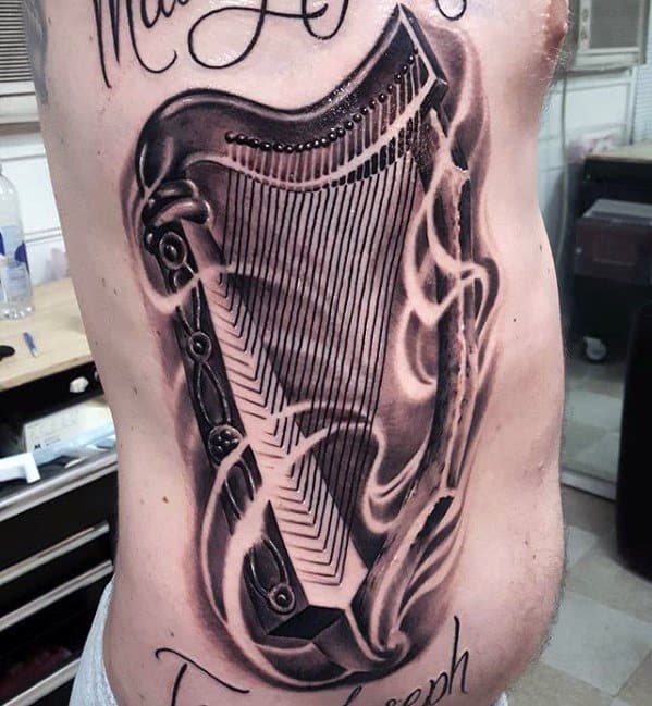 Realistic 3d Rib Cage Side Harp Tattoo Design On Man