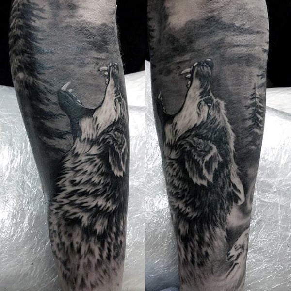 Realistic 3d Shaded Male Howling Wolf Forest Tattoo Sleeve