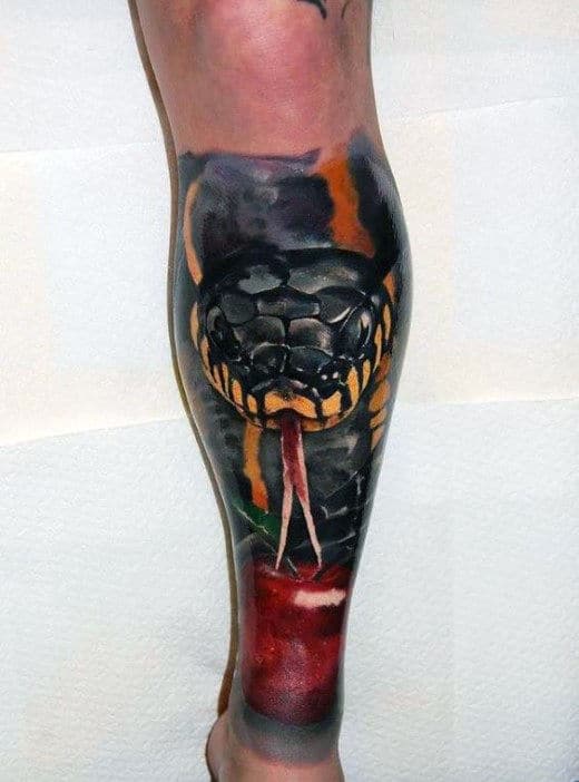 Realistic 3d Snake And Apple Leg Sleeve Tattoos For Men