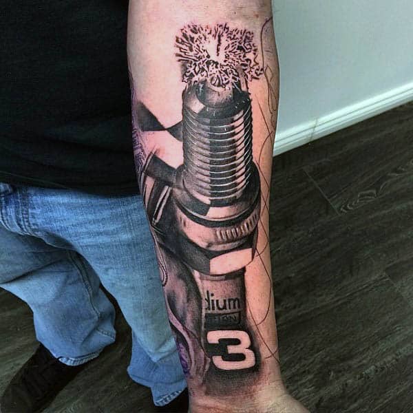 Custom spark plug color arm tattoo by Jon von Glahn: TattooNOW