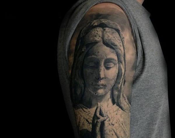 Realistic 3d Stone Male Sleeve Tattoo Of Virgin Mary