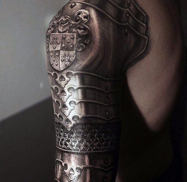 Realistic 3d Unique Sleeve Tattoo Of Armor Plate For Guys
