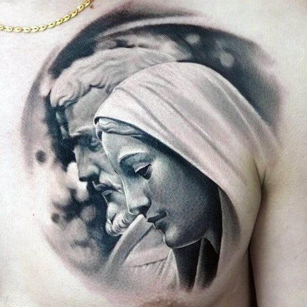 Realistic 3d Virgin Mary Mens Chest Tattoo With Watercolor Background