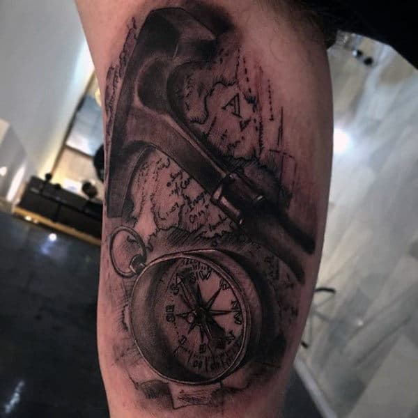 Realistic 3d Walking Cane With Map And Compass Male Travel Tattoo On Bicep
