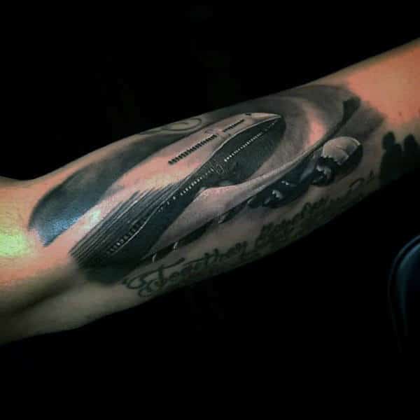 Realistic Airplane Taking Off Into Sky Forearm Tattoo For Mens