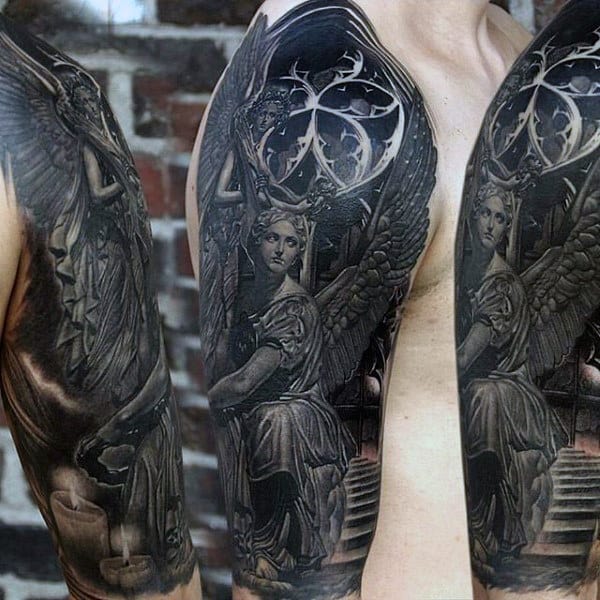 Realistic Angel Black Ink Mens Half Sleeve Tattoo