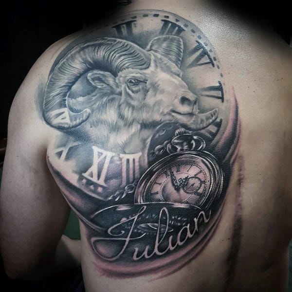 Realistic Aries Clock With Roman Numerals Back Tattoos