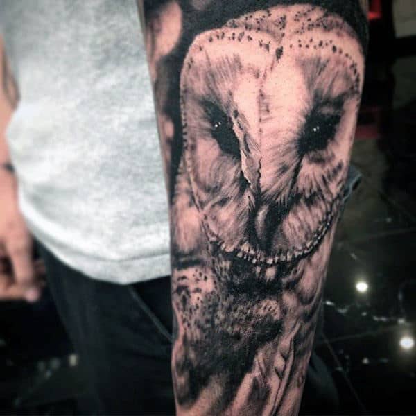 Realistic Barn Owl Shaded Mens Forearm Sleeve Tattoos