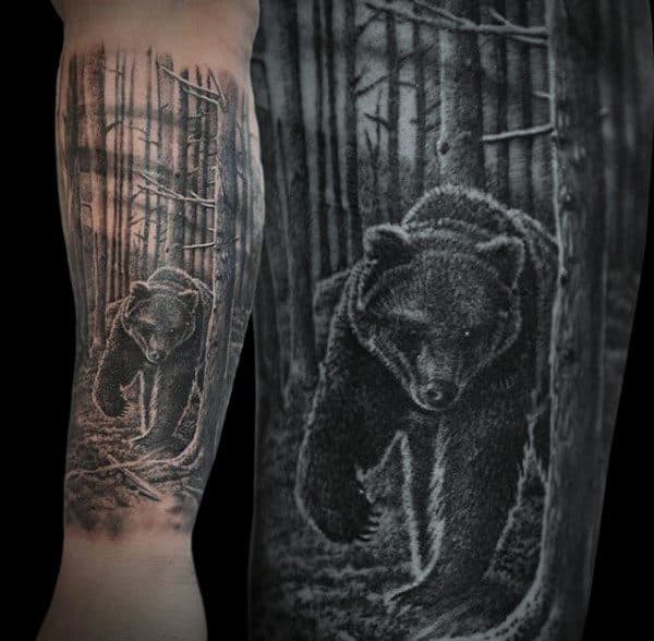 Realistic Bear Forest Mens Forearm Tattoo