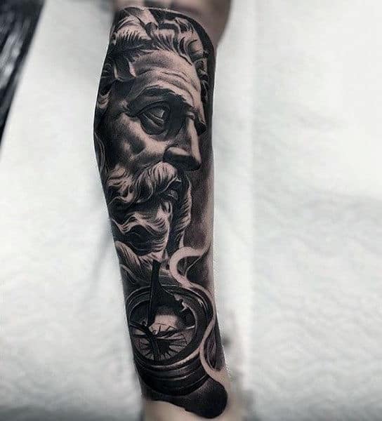 Realistic Black And Grey Greek God Tattoo Mens Full Sleeves