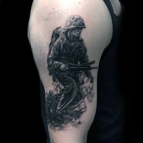 Realistic Black And Grey Mens Arm Army Tattoo Of Solider