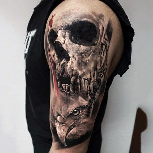 Realistic Black Ink Half Sleeve Tattoo On Male Of Skull And Hawk