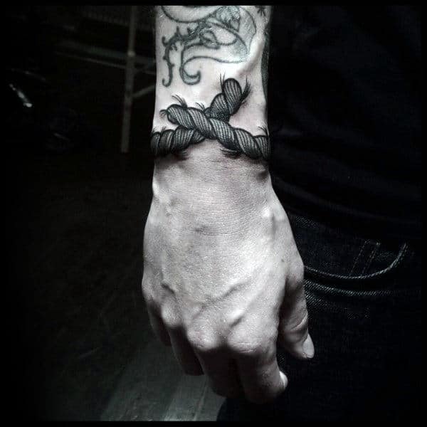Realistic Black Rope Tattoo Guys Wrists
