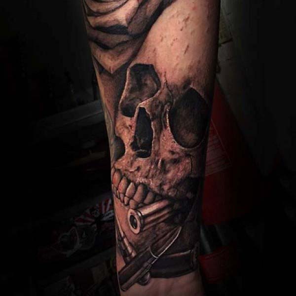 Realistic Black Skull With Bullets Tattoo For Males