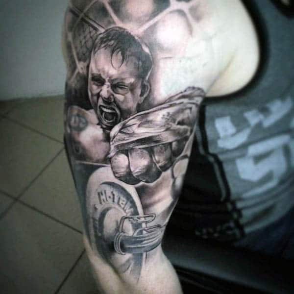 Realistic Boxer With Weights Half Sleeve Fitness Tattoo Ideas For Men