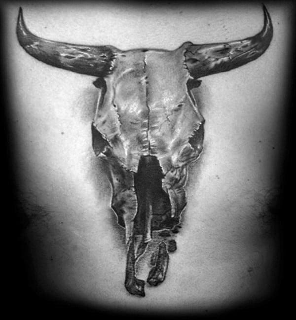 Realistic Bull Skull Chest Tattoos For Guys
