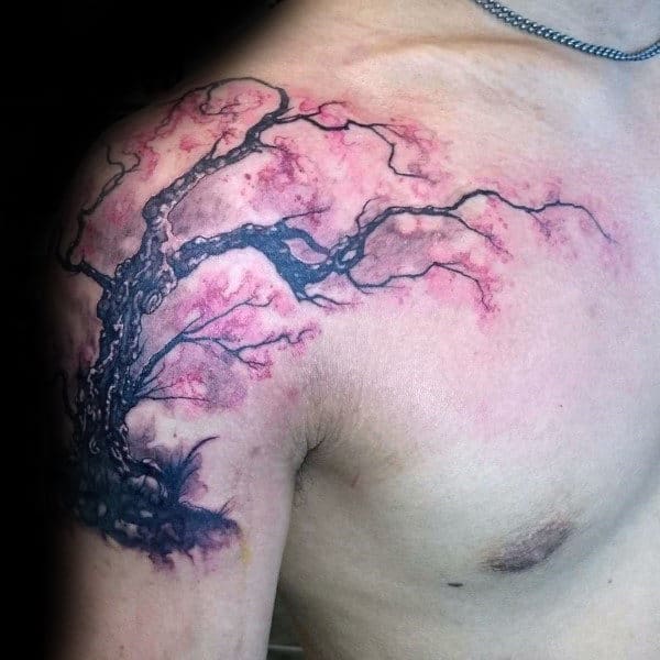 Realistic Cherry Blossom Tree Male Shoulder Tattoo