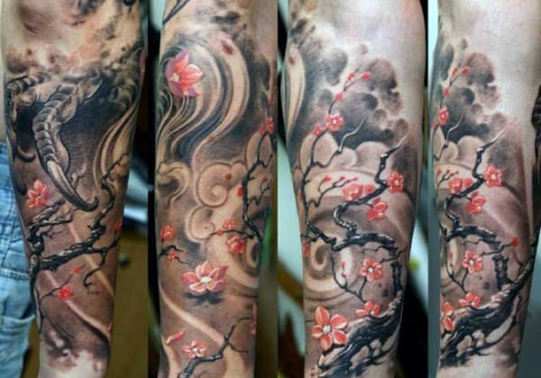Realistic Cherry Blossom Tree Mens Forearm Sleeve Tattoo Designs