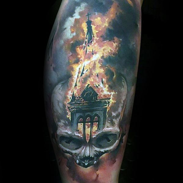 realistic-church-tower-flaming-skull-male-tattoo-ideas-thigh-sleeve