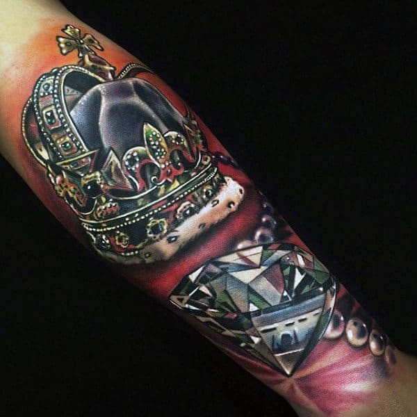 Realistic Color Diamond Forearm Mens Tattoo With King Crown